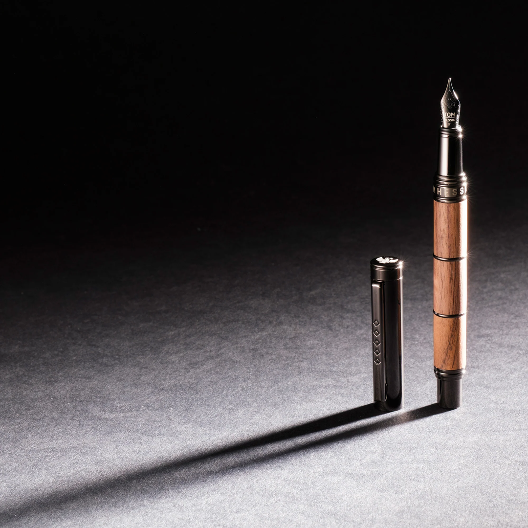 KSG set - Tom Hessin Revolution Fountain Pen - Rustic Light Brown Wooden Barrel Gunmetal Black Trim