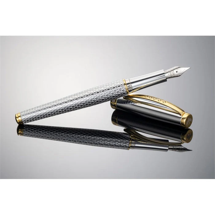 KSG set - Tom Hessin Ritz Fountain Pen - Glossy Chrome Guilloche Gold Trim