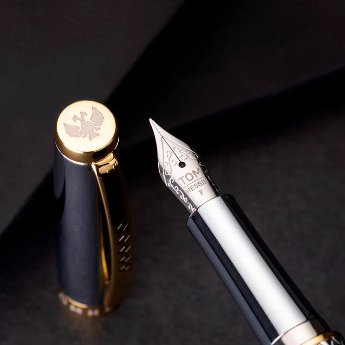KSG set - Tom Hessin Ritz Fountain Pen - Glossy Chrome Guilloche Gold Trim