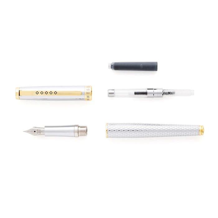 KSG set - Tom Hessin Ritz Fountain Pen - Glossy Chrome Guilloche Gold Trim