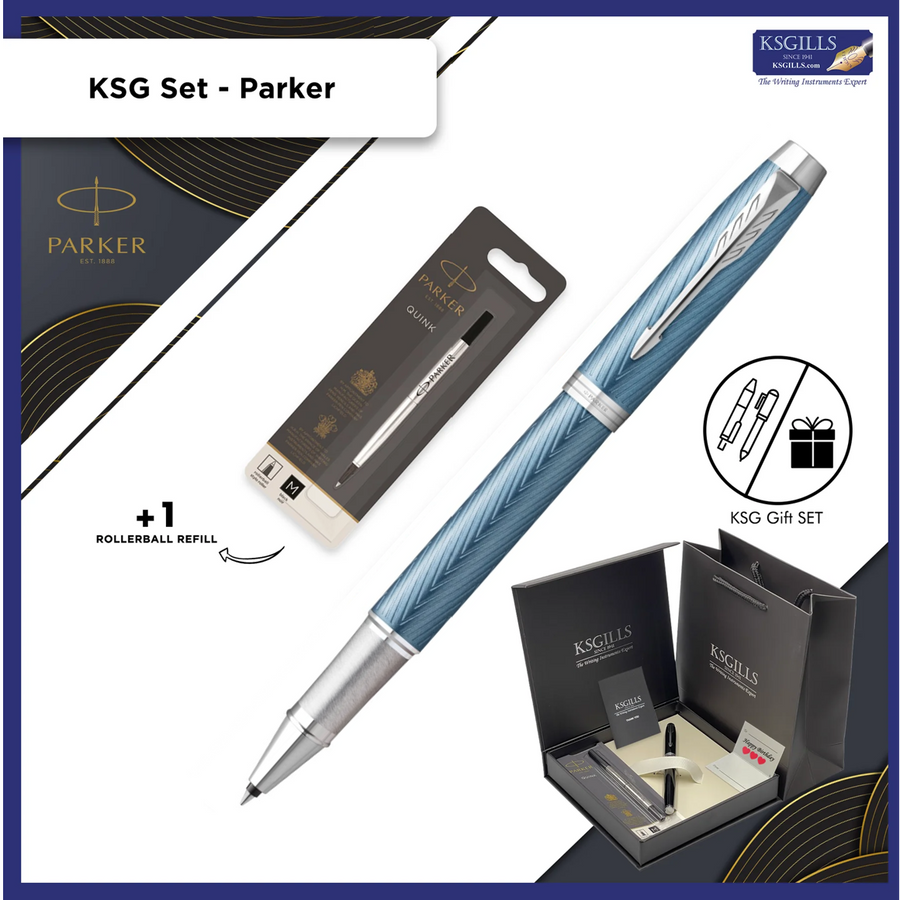 KSG set - Parker IM Premium Essentials Rollerball Pen - Blue Grey Lacquer Chiselled Chrome Trim (with KSGILLS Premium Gift Box) - KSGILLS.com | The Writing Instruments Expert