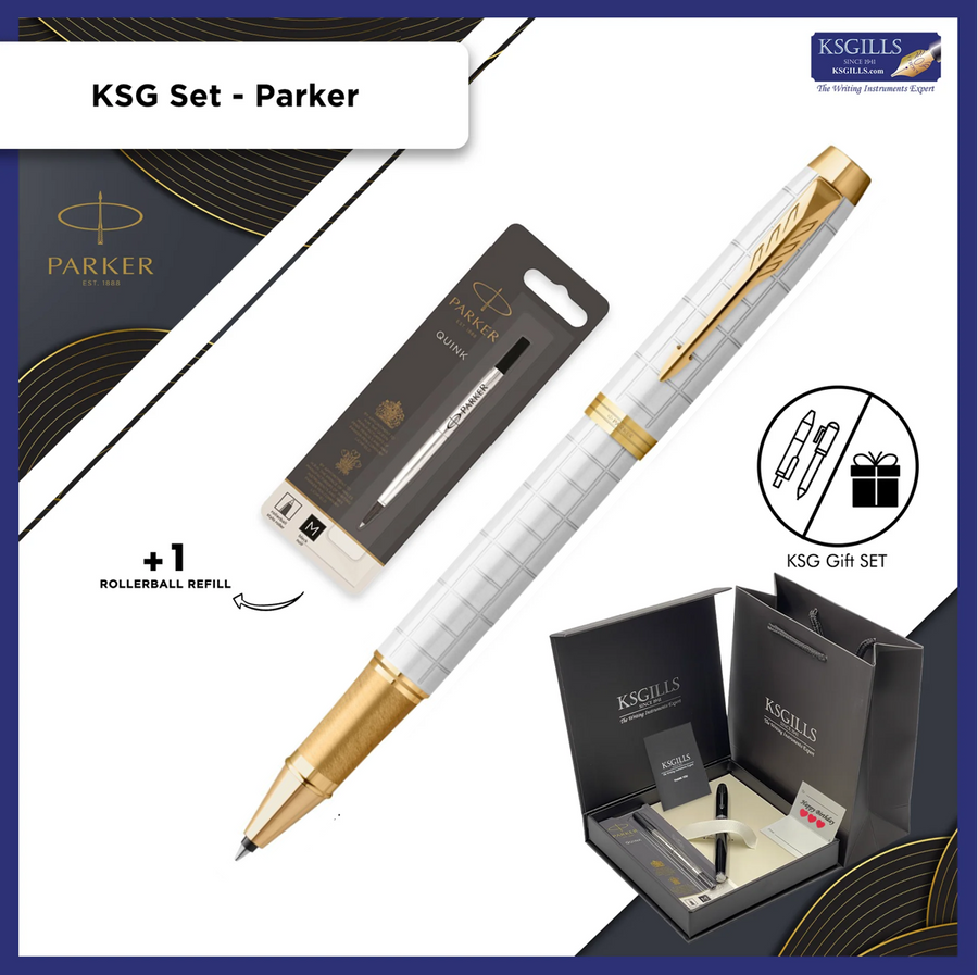 KSG set - Parker IM Premium Essentials Rollerball Pen - Pearl White Chiselled Gold Trim (with KSGILLS Premium Gift Box) - KSGILLS.com | The Writing Instruments Expert