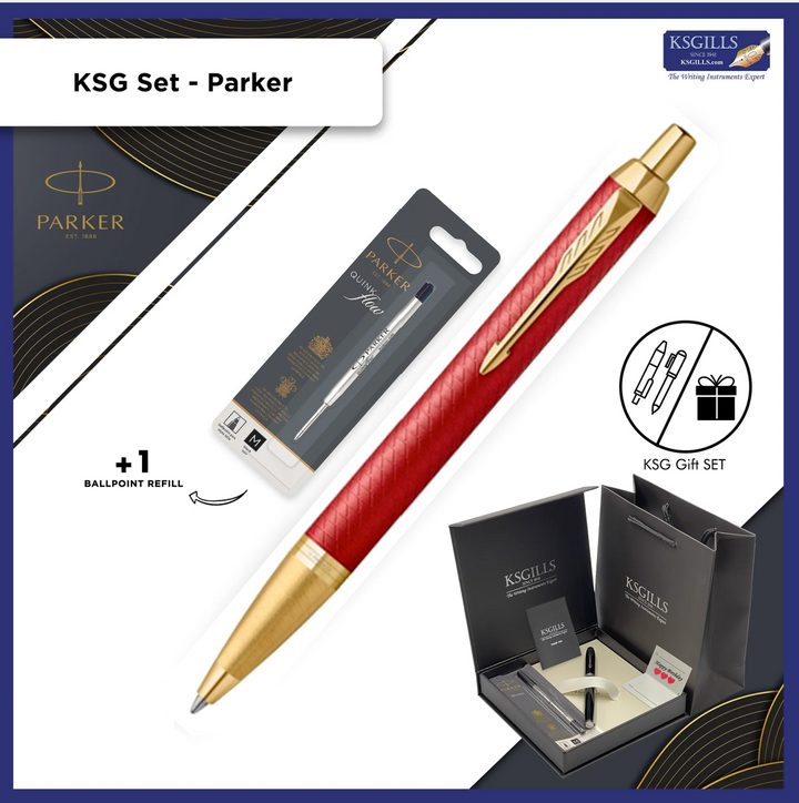 Parker IM Premium Ballpoint Pen - Red Chiselled Gold Trim (with KSGILLS Premium Gift Box + Add-on 1pc Refill) - KSGILLS.com | The Writing Instruments Expert