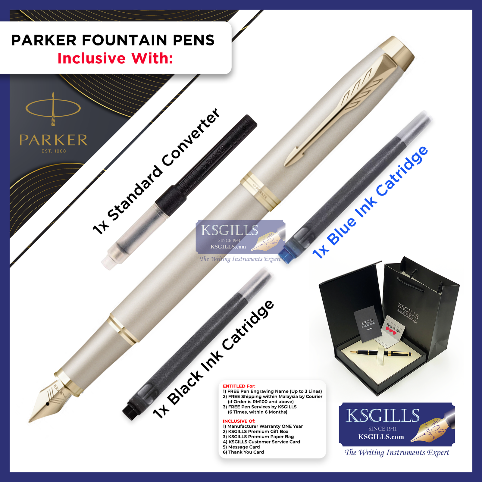 KSG set - Single Pen SET - Parker IM Fountain Pen - Champagne Gold Monochrome - KSGILLS.com | The Writing Instruments Expert