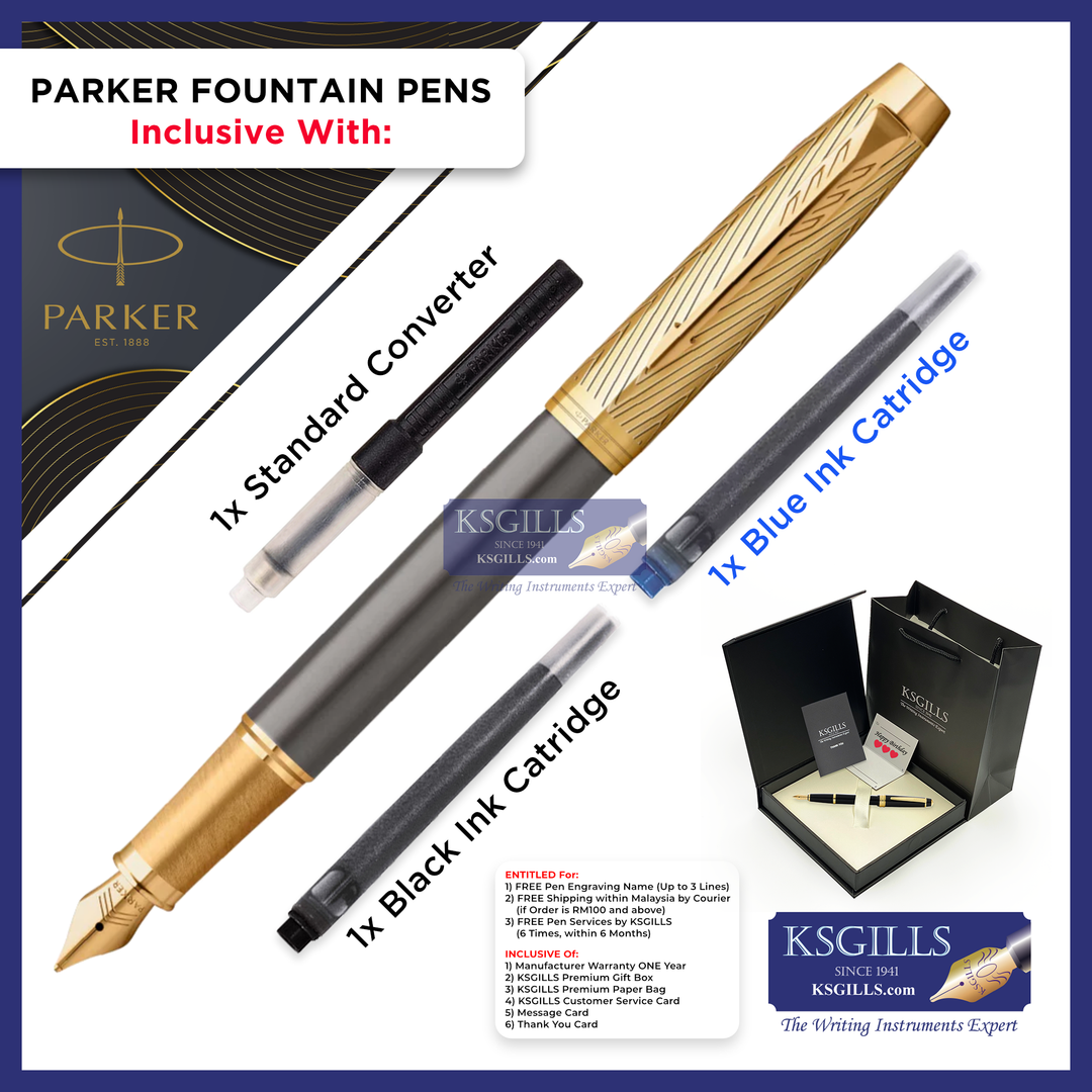 KSG set - Parker IM Premium Pioneers Fountain Pen - Grey Gold Trim Arrow (with KSGILLS Premium Gift Box)