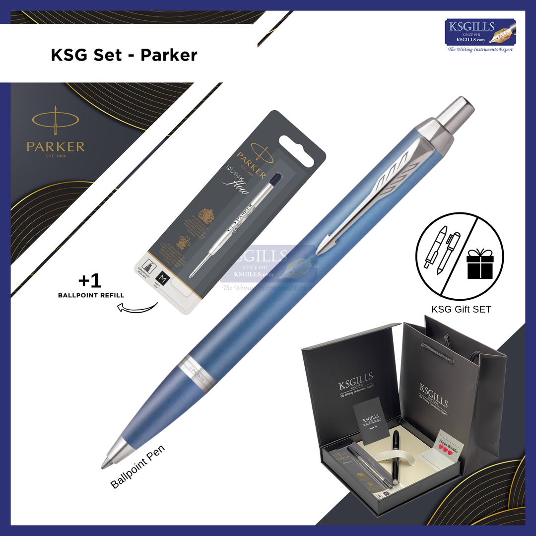 KSG Set - Parker IM Ballpoint Pen - Writing Rituals - Blue Chrome Trim - Refill Black Medium (M)