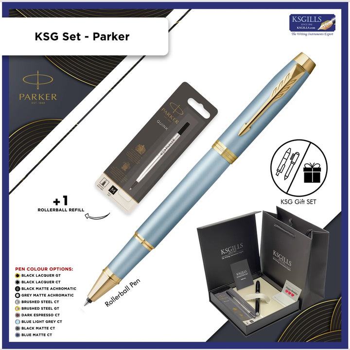Parker IM Rollerball Pen - Writing Rituals - Blue Gold Trim - Refill Black Medium (M)