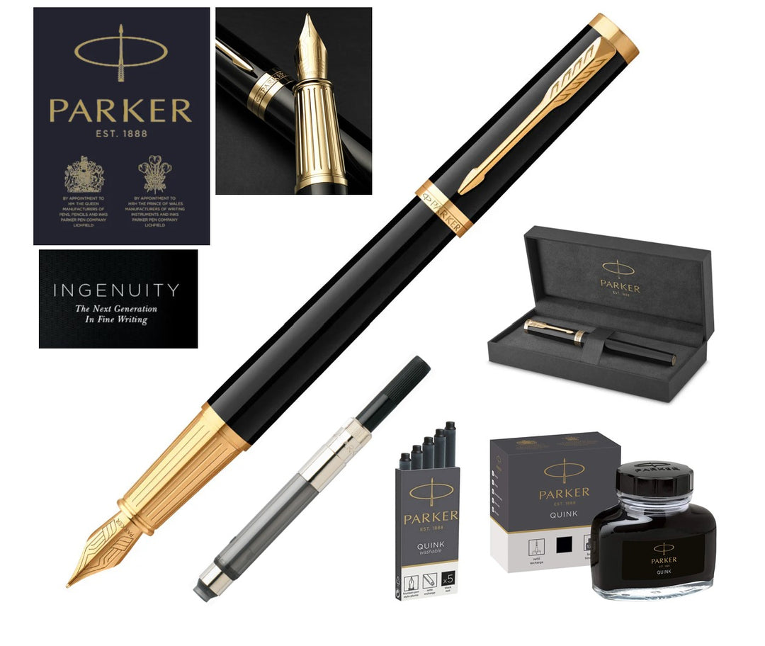 Parker Ingenuity Fountain Pen SET & Accessories - Black Gold Trim (Medium) with FREE LASER Engraving