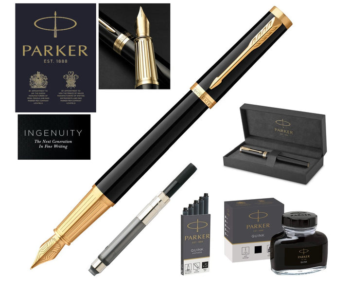 Parker Ingenuity Fountain Pen SET & Accessories - Black Gold Trim (Medium) with FREE LASER Engraving