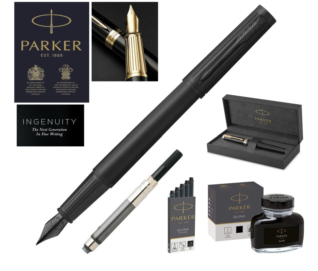 Parker Ingenuity Fountain Pen SET & Accessories - Black Matte Trim (BT) - Medium