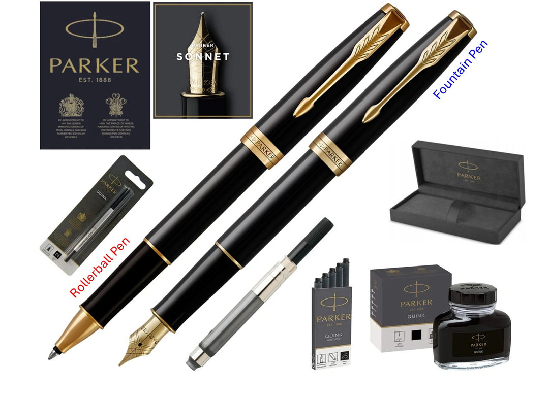 KSG set (LUXE) for Parker Sonnet SET - Fountain Pen &amp; Rollerball Pen &amp; Accessories - Black Lacquer Gold Trim with FREE LASER Engraving