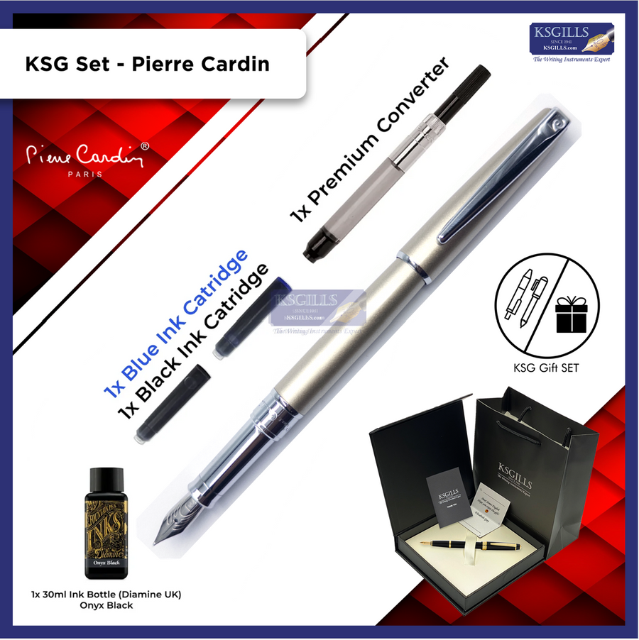 KSG Set - Pierre Cardin Aquarius Executive Pearlescent Fountain Pen - Champagne Chrome Trim Lacquer Shinny (with LASER Engraving) - KSGILLS.com | The Writing Instruments Expert