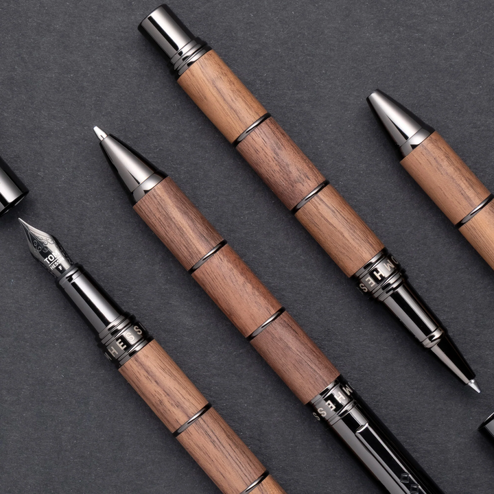 Tom Hessin Revolution Ballpoint Pen - Rustic Light Brown Wooden Barrel Gunmetal Black Trim