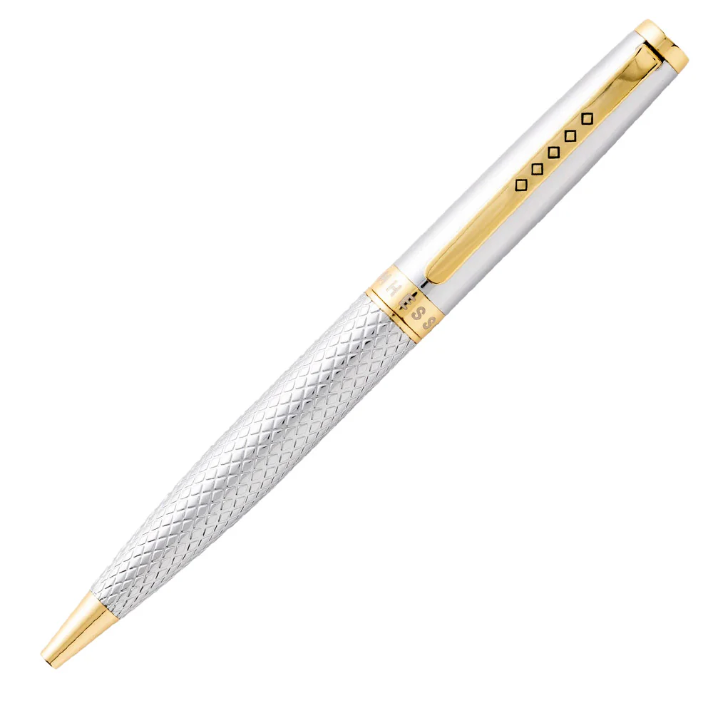 Tom Hessin Ritz Ballpoint Pen - Glossy Chrome Guilloche Gold Trim