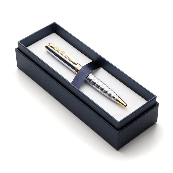 Tom Hessin Ritz Ballpoint Pen - Glossy Chrome Guilloche Gold Trim