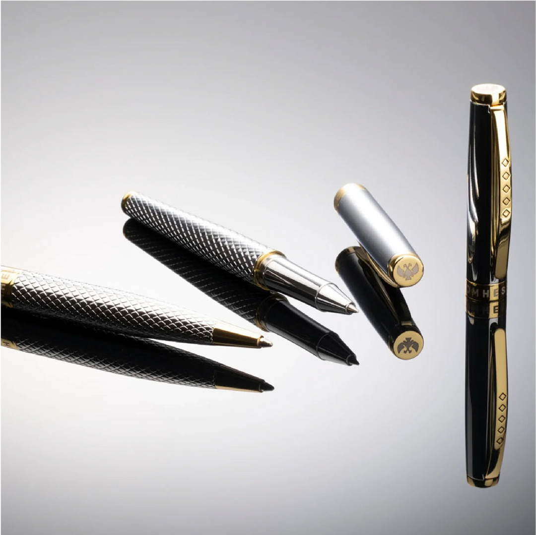 Tom Hessin Ritz Rollerball Pen - Glossy Chrome Guilloche Gold Trim
