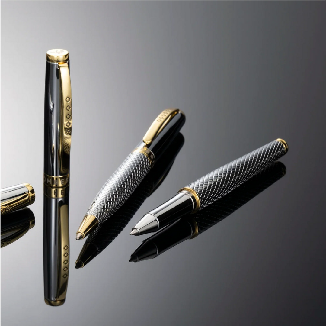 Tom Hessin Ritz Rollerball Pen - Glossy Chrome Guilloche Gold Trim