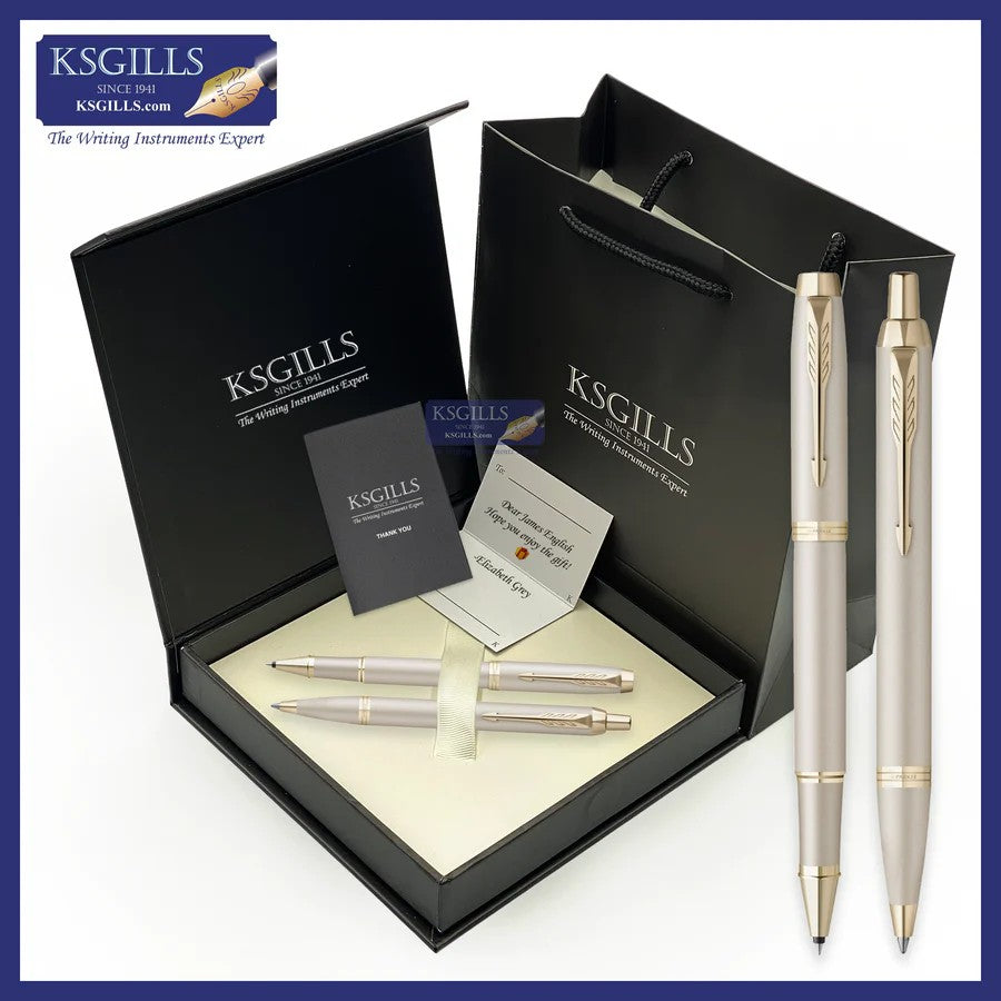 KSG set - DOUBLE Pens SET - Parker IM Monochrome Ballpoint + Rollerball - Champagne Gold Trim