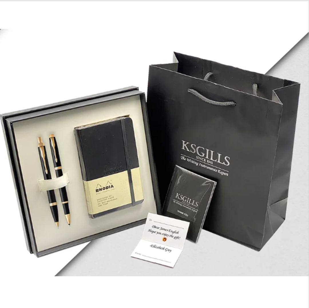 KSG set - Double Pens - Alain Delon Rollerball PREMIUM Size (Florence Black Gold Trim) & Ballpoint Pen (Deco Black Gold Trim) with Luxury Gift Box (BIG) + Notebook