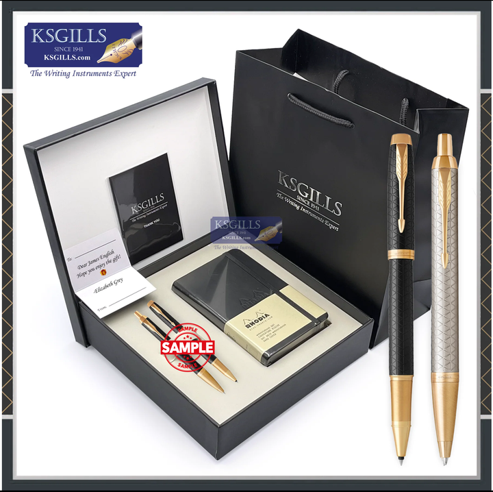 KSG set - Notebook SET & Double Pens (Parker IM PREMIUM New Chiselled Rollerball Black Gold Trim with Ballpoint Pen Warm Silver Gold Trim) with RHODIA A6 Notebook - KSGILLS.com | The Writing Instruments Expert