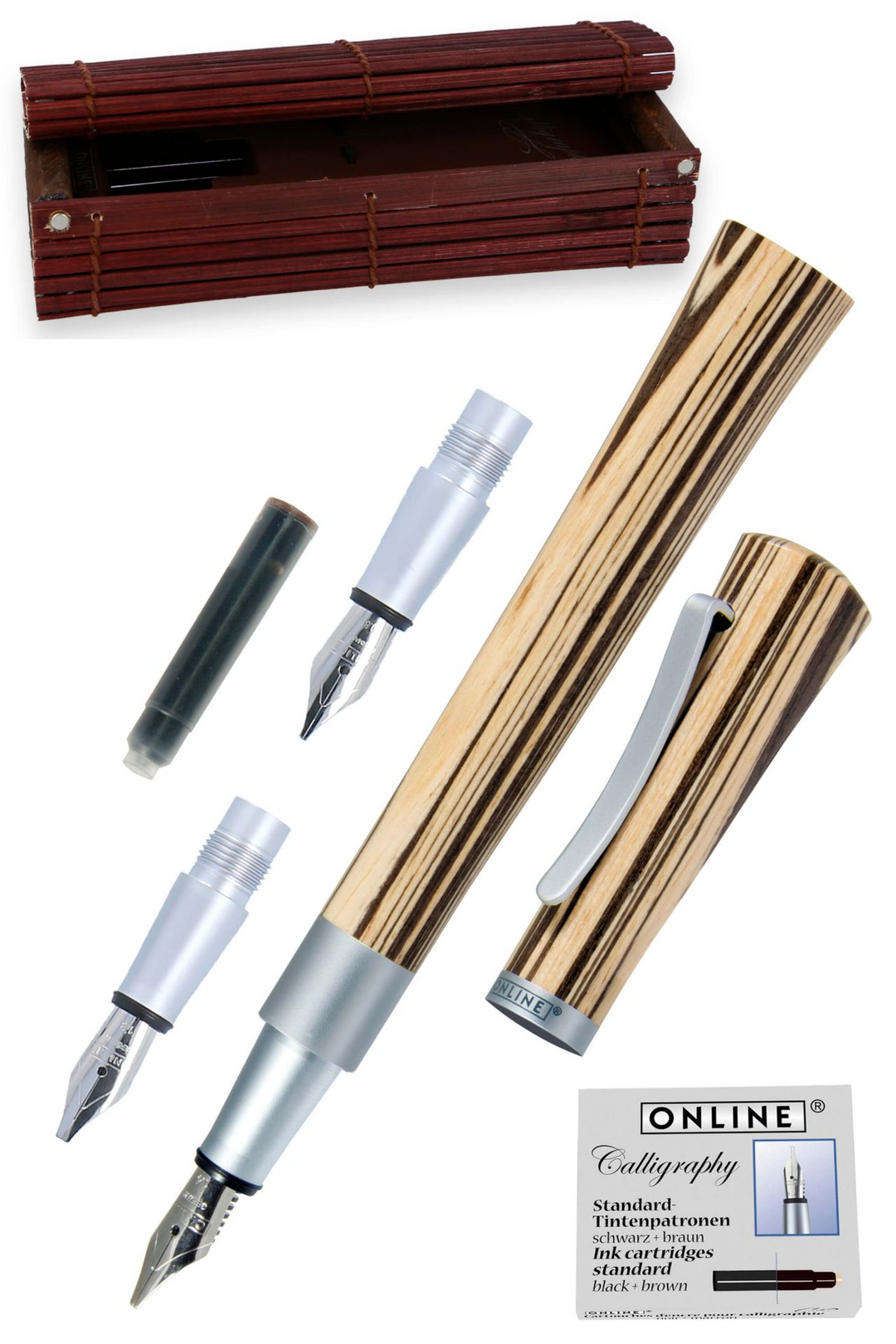 Online Newood Calligraphy Pen - Bamboo Brown Chrome Trim Fountain Pen (3 in 1) - KSGILLS.com | The Writing Instruments Expert