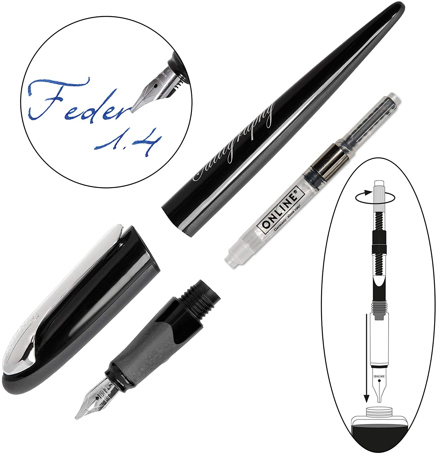 ONLINE Air Bamboo Calligraphy Pen SET - Black Chrome Trim (1.4mm Fountain Pen) - KSGILLS.com | The Writing Instruments Expert
