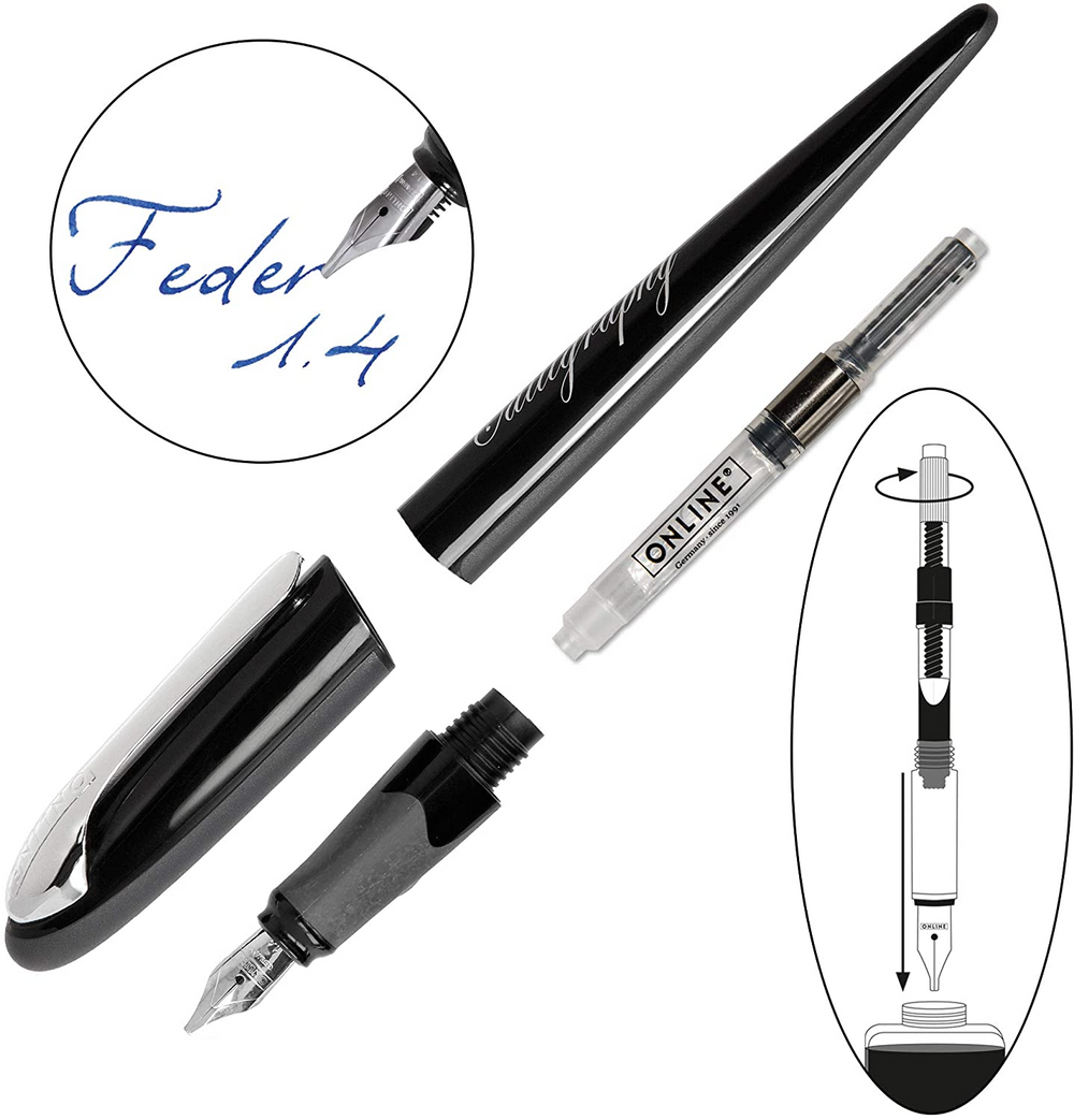 ONLINE Air Bamboo Calligraphy Pen SET - White Chrome Trim (1.4mm Fountain Pen) - KSGILLS.com | The Writing Instruments Expert