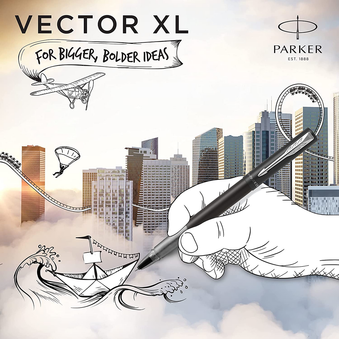 Parker Vector XL Rollerball Pen - Black Chrome Trim - Refill Black Medium - KSGILLS.com | The Writing Instruments Expert
