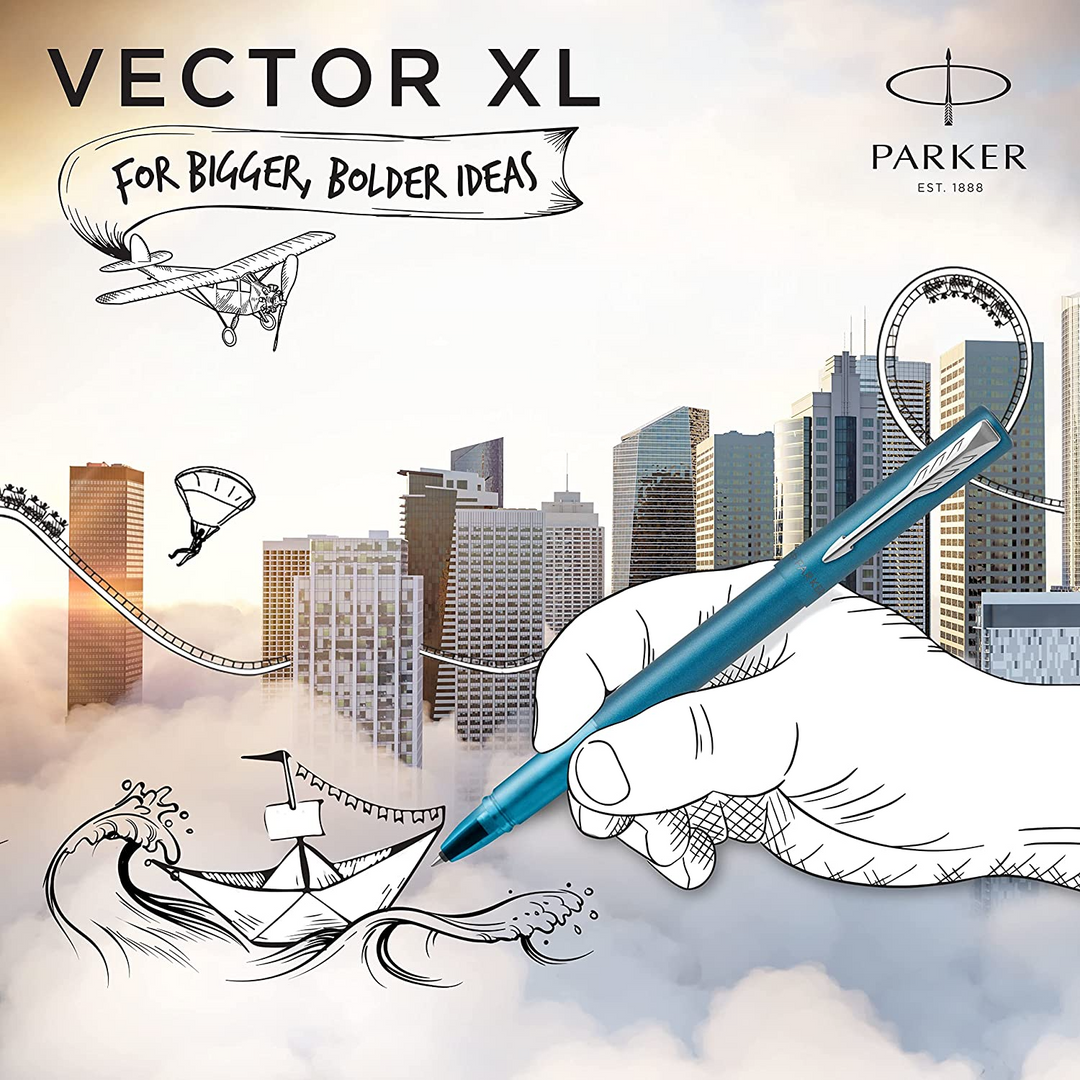 Parker Vector XL Rollerball Pen - Teal Blue Chrome Trim - Refill Black Medium - KSGILLS.com | The Writing Instruments Expert