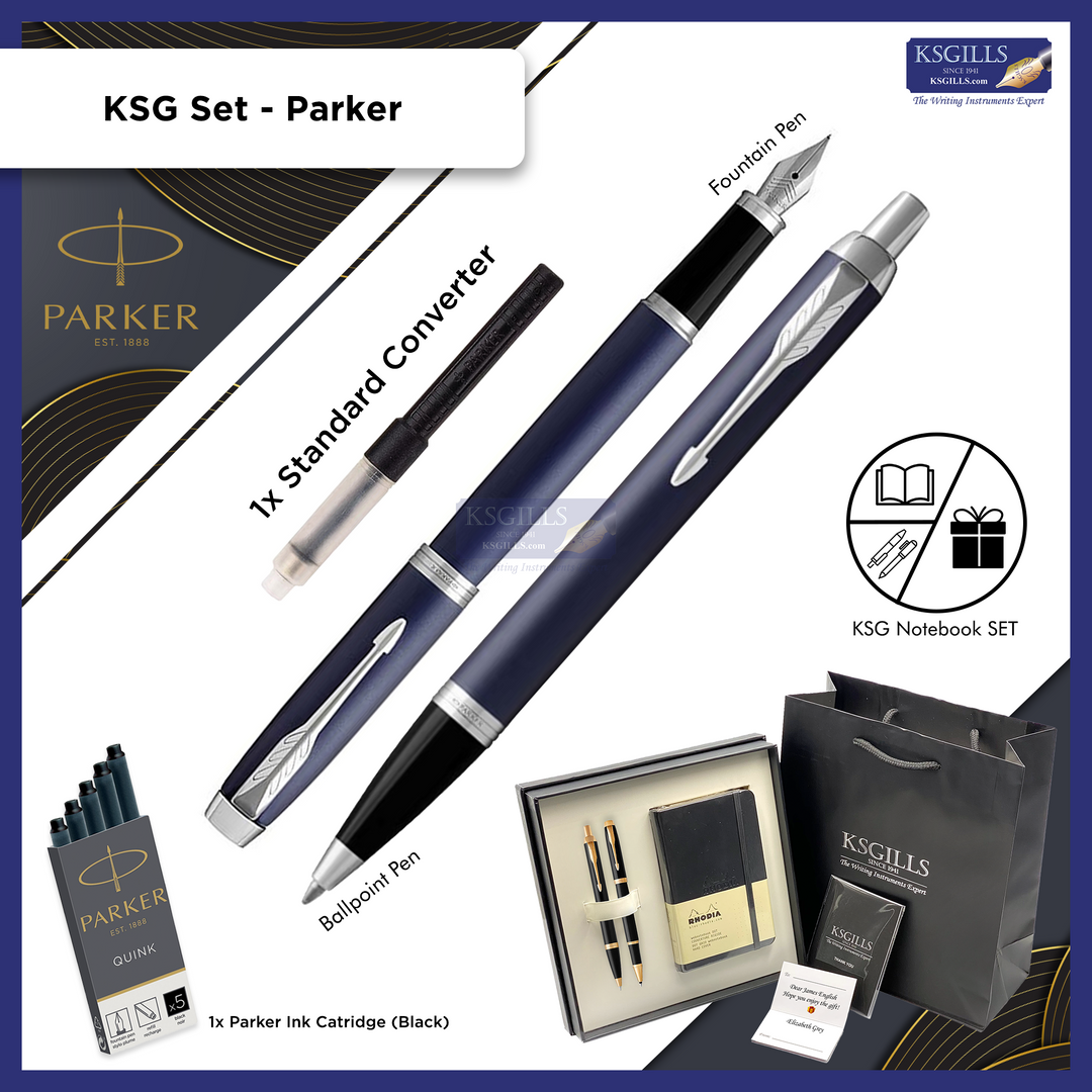 KSG set - Parker IM SET Fountain & Ballpoint Pen Set - Blue Matte Chrome Trim - KSGILLS.com | The Writing Instruments Expert