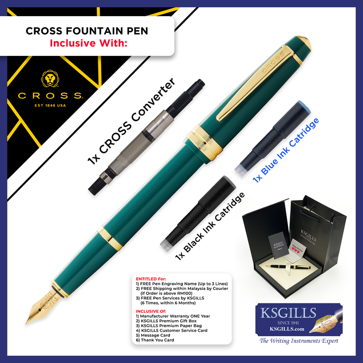 KSG set - Cross Bailey Light Fountain Pen SET - Glossy Polished Green Resin Gold Trim - KSGILLS.com | The Writing Instruments Expert