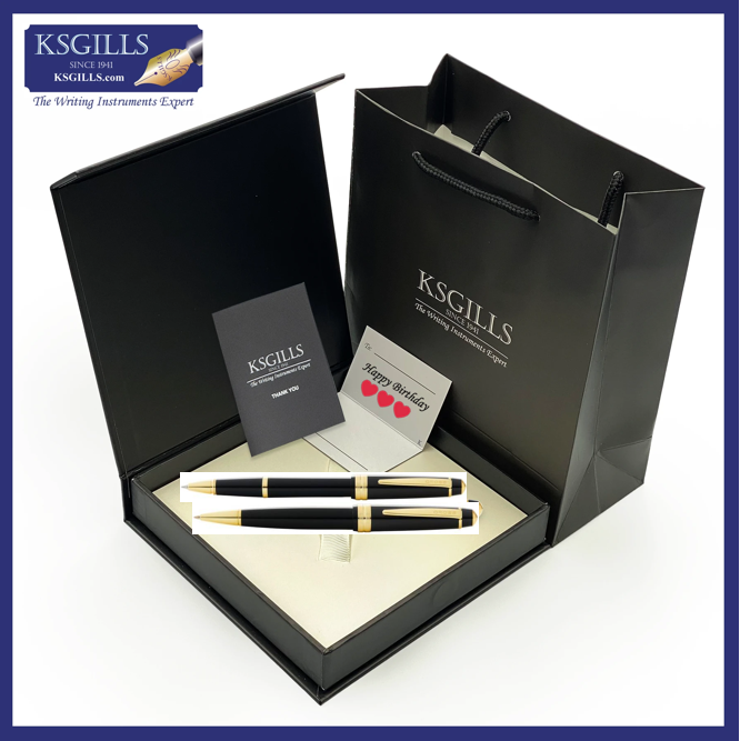 Cross Bailey Light SET Rollerball & Ballpoint Pen - Black Gold Trim Glossy Polished Resin - KSGILLS.com | The Writing Instruments Expert