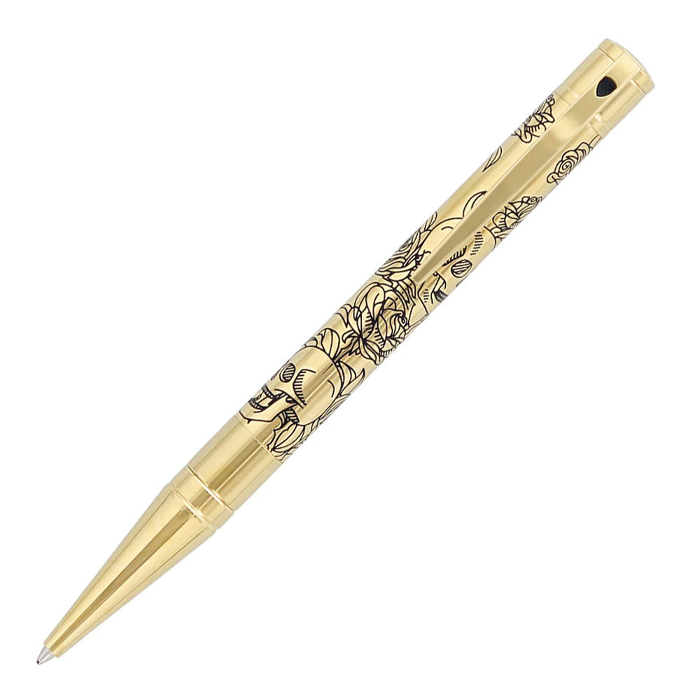 S.T. Dupont D-Initial Ballpoint Pen - Golden Lacquer Tattoo Skulls & Roses Gold Trim - KSGILLS.com | The Writing Instruments Expert