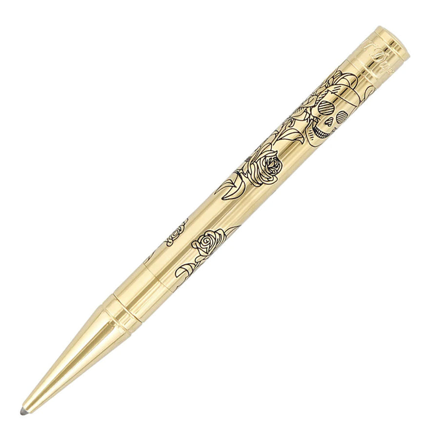 S.T. Dupont D-Initial Ballpoint Pen - Golden Lacquer Tattoo Skulls & Roses Gold Trim - KSGILLS.com | The Writing Instruments Expert