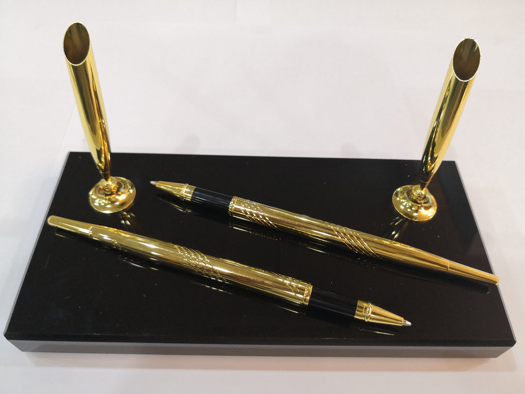 KENTZAI Desk Pen Stand - Full Black Shinny RESIN Gold Trim (DOUBLE Pens) - FULL GOLD Trim ROLLERBALL - Signing Ceremony Set - KSGILLS.com | The Writing Instruments Expert