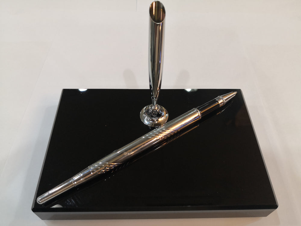 KENTZAI Desk Pen Stand - Full Black Shinny RESIN Chrome Trim (SINGLE Pen) - FULL CHROME Trim ROLLERBALL - Signing Ceremony Set - KSGILLS.com | The Writing Instruments Expert
