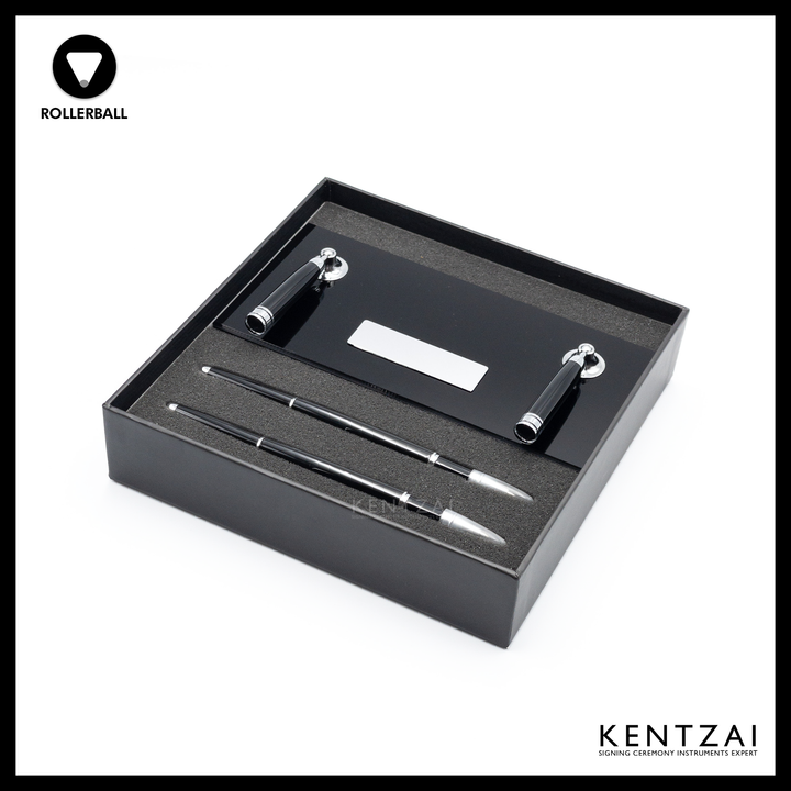 KENTZAI Desk Pen Stand - Full Black Shinny RESIN Chrome Trim (DOUBLE Pens) - ROLLERBALL - Signing Ceremony Set - KSGILLS.com | The Writing Instruments Expert