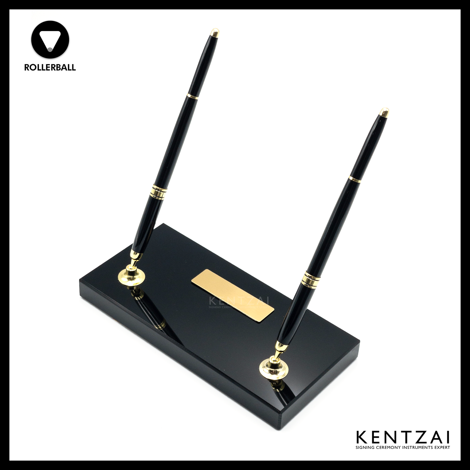 KENTZAI Desk Pen Stand - Full Black Shinny RESIN Gold Trim (DOUBLE Pens) - ROLLERBALL - Signing Ceremony Set - KSGILLS.com | The Writing Instruments Expert