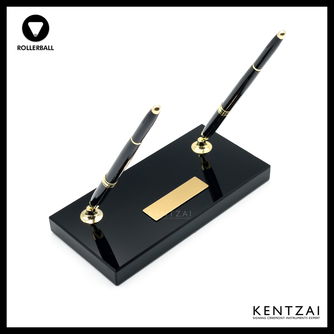 KENTZAI Desk Pen Stand - Full Black Shinny RESIN Gold Trim (DOUBLE Pens) - ROLLERBALL - Signing Ceremony Set - KSGILLS.com | The Writing Instruments Expert