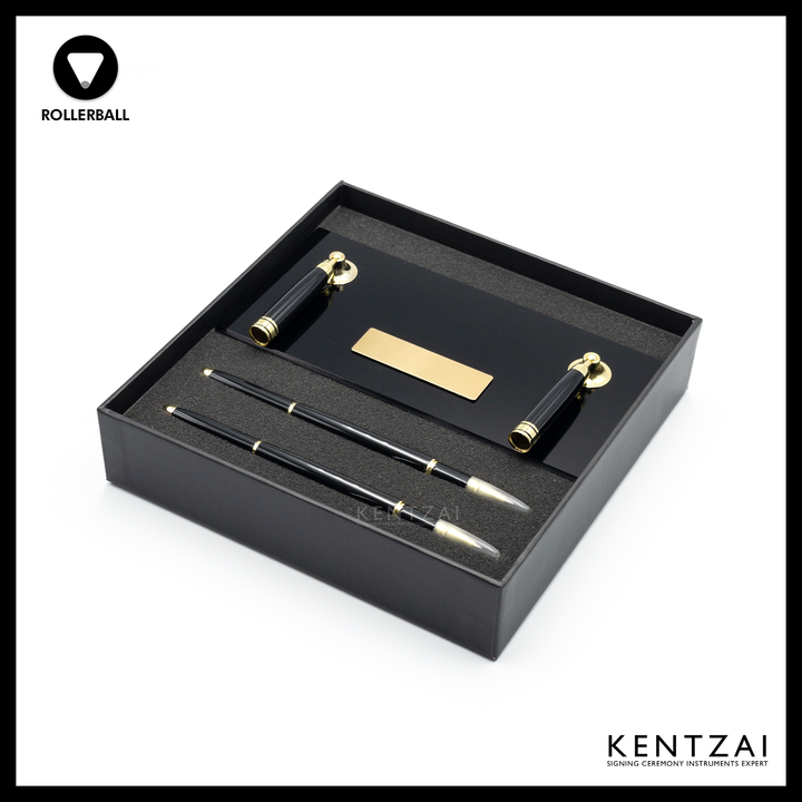 KENTZAI Desk Pen Stand - Full Black Shinny RESIN Gold Trim (DOUBLE Pens) - FULL GOLD Trim ROLLERBALL - Signing Ceremony Set - KSGILLS.com | The Writing Instruments Expert