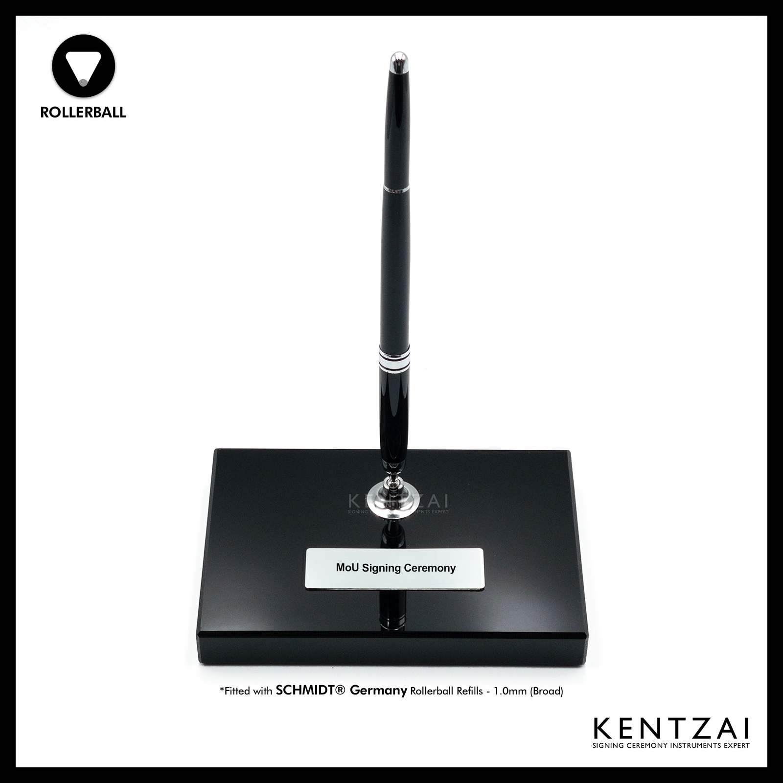 KENTZAI Desk Pen Stand - Full Black Shinny RESIN Chrome Trim (SINGLE Pen) - ROLLERBALL - Signing Ceremony Set - KSGILLS.com | The Writing Instruments Expert