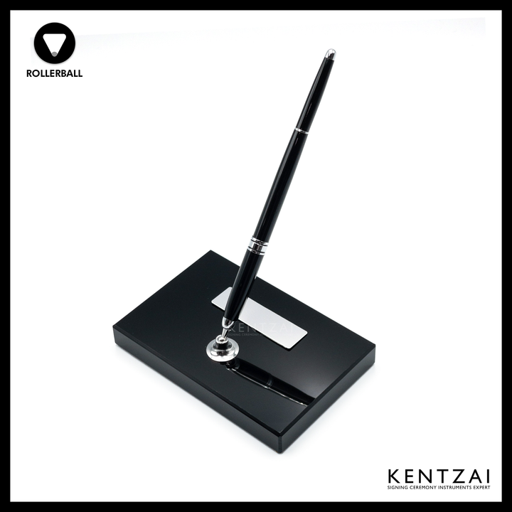 KENTZAI Desk Pen Stand - Full Black Shinny RESIN Chrome Trim (SINGLE Pen) - ROLLERBALL - Signing Ceremony Set - KSGILLS.com | The Writing Instruments Expert