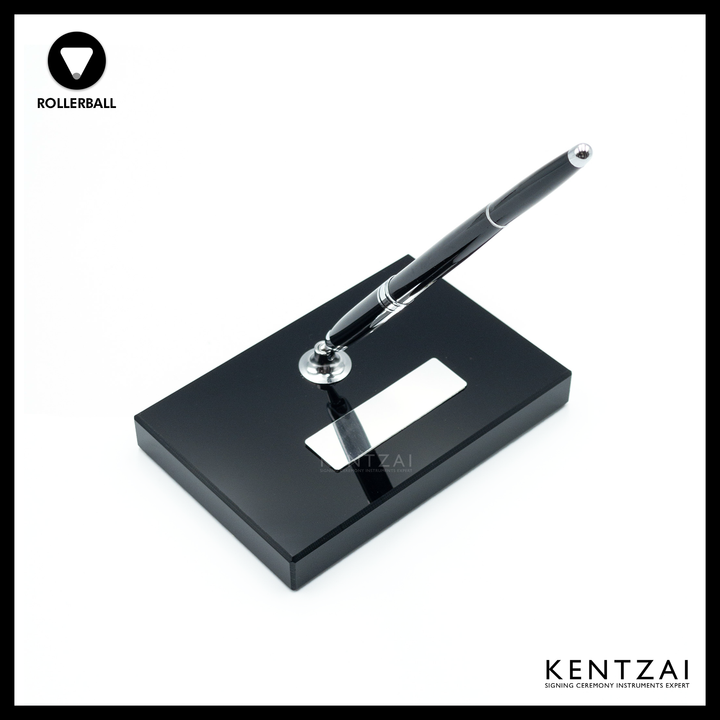 KENTZAI Desk Pen Stand - Full Black Shinny RESIN Chrome Trim (SINGLE Pen) - ROLLERBALL - Signing Ceremony Set - KSGILLS.com | The Writing Instruments Expert