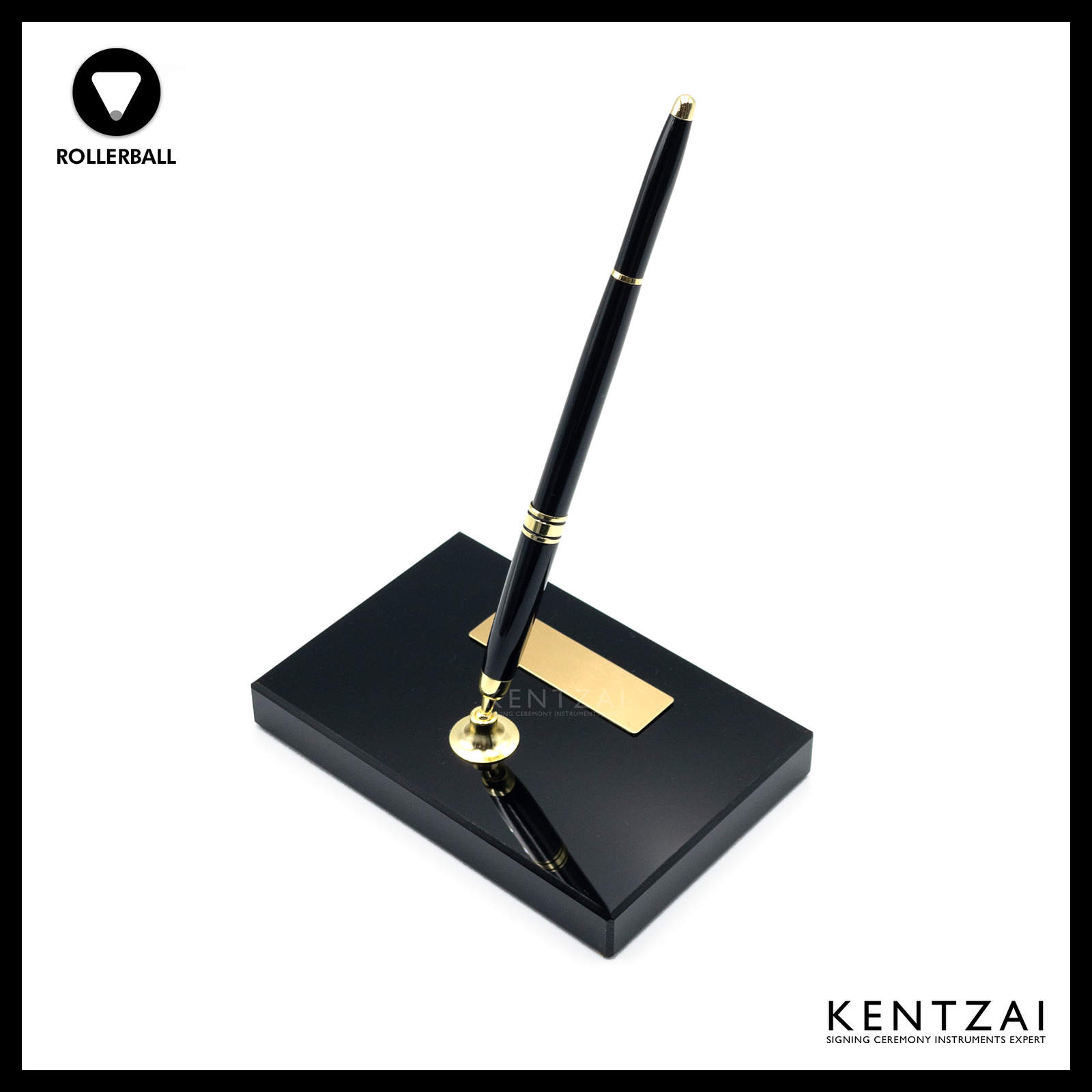 KENTZAI Desk Pen Stand - Full Black Shinny RESIN Gold Trim (SINGLE Pen) - ROLLERBALL - Signing Ceremony Set - KSGILLS.com | The Writing Instruments Expert