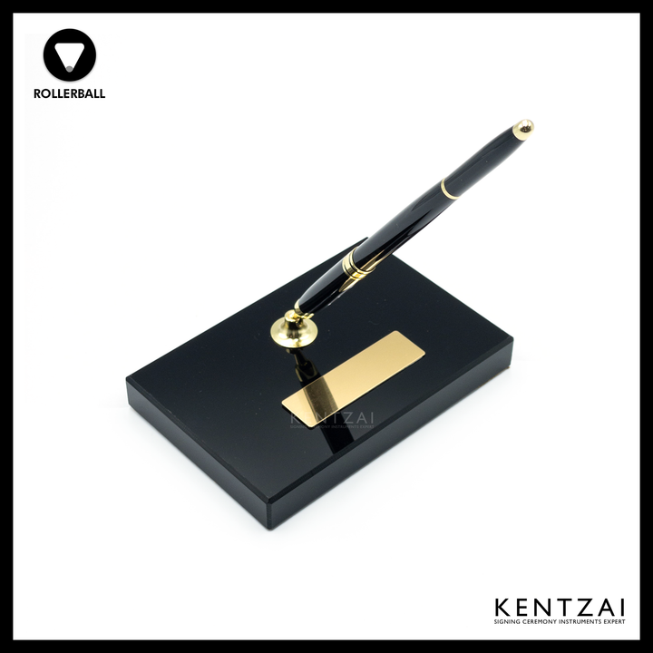 KENTZAI Desk Pen Stand - Full Black Shinny RESIN Gold Trim (SINGLE Pen) - ROLLERBALL - Signing Ceremony Set - KSGILLS.com | The Writing Instruments Expert