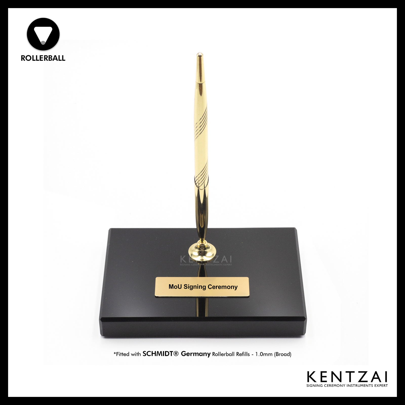KENTZAI Desk Pen Stand - Full Black Shinny RESIN Gold Trim (SINGLE Pen) - FULL GOLD Trim ROLLERBALL - Signing Ceremony Set - KSGILLS.com | The Writing Instruments Expert