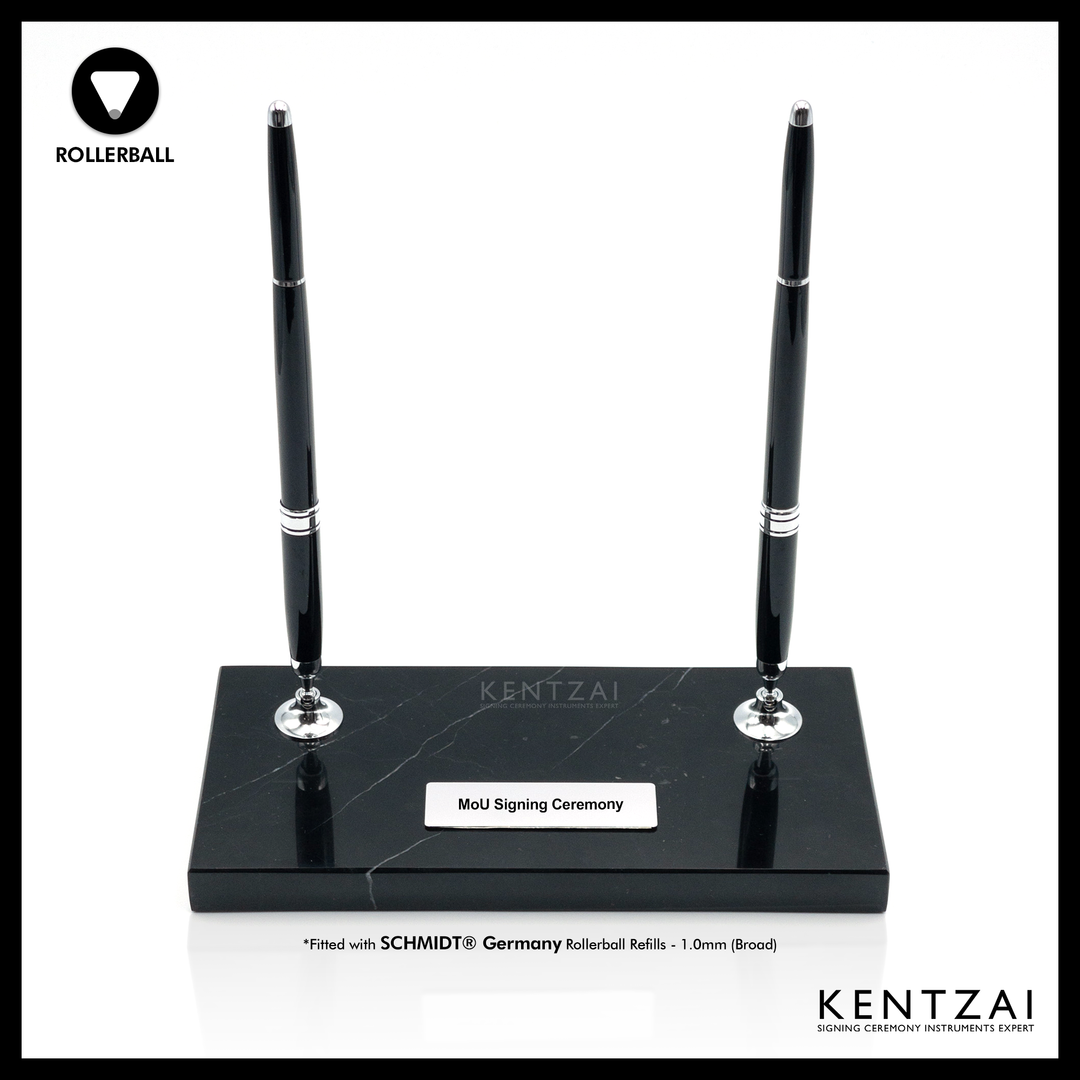 KENTZAI Desk Pen Stand - Black MARBLE Marquina Chrome Trim - (DOUBLE Pens) - ROLLERBALL - Signing Ceremony Set - KSGILLS.com | The Writing Instruments Expert