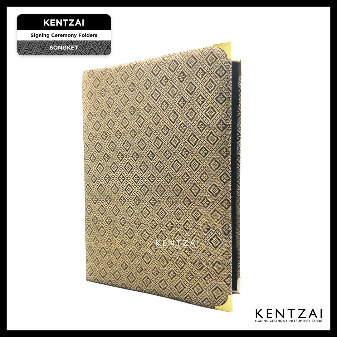 KENTZAI Signing Ceremony Document Folder SONGKET Cloth - Black Gold Songket Cover, Inside Black Velvet - KSGILLS.com | The Writing Instruments Expert