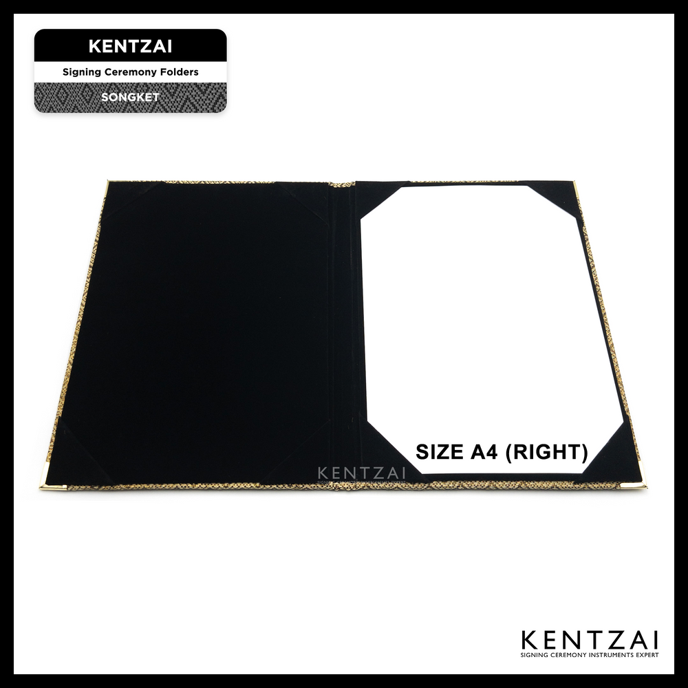 KENTZAI Signing Ceremony Document Folder SONGKET Cloth - Black Gold Songket Cover, Inside Black Velvet - KSGILLS.com | The Writing Instruments Expert
