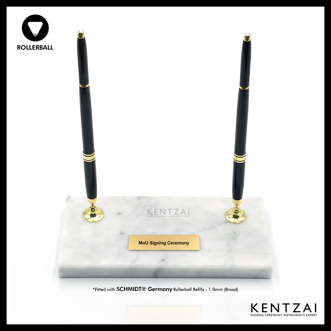 KENTZAI Desk Pen Stand - WHITE Marble Carrara Gold Trim (DOUBLE Pens) - Rollerball - Signing Ceremony Set - KSGILLS.com | The Writing Instruments Expert